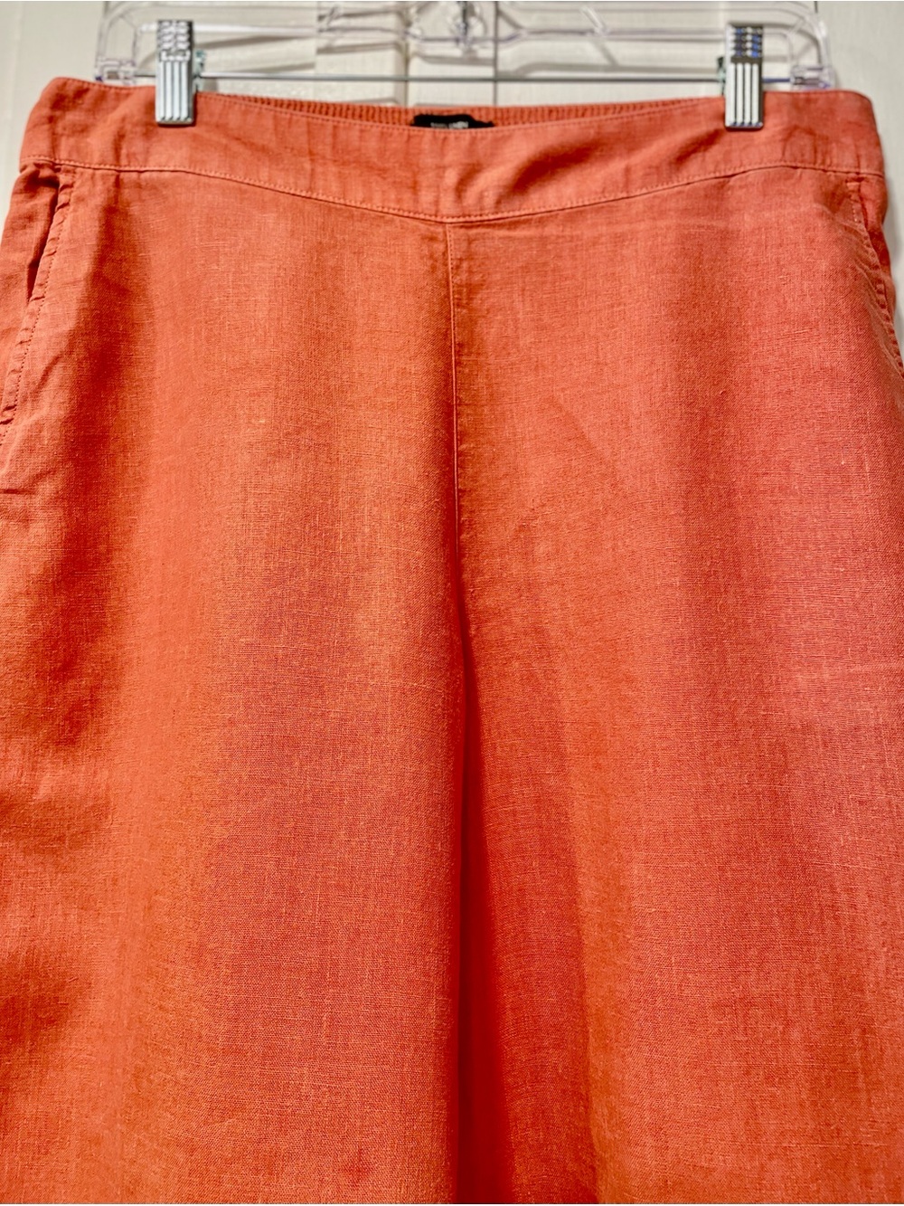 Tahari 100% Linen Coral Orange Wide Leg Crop Pants Elastic Back Waist Size L - Picture 8 of 9